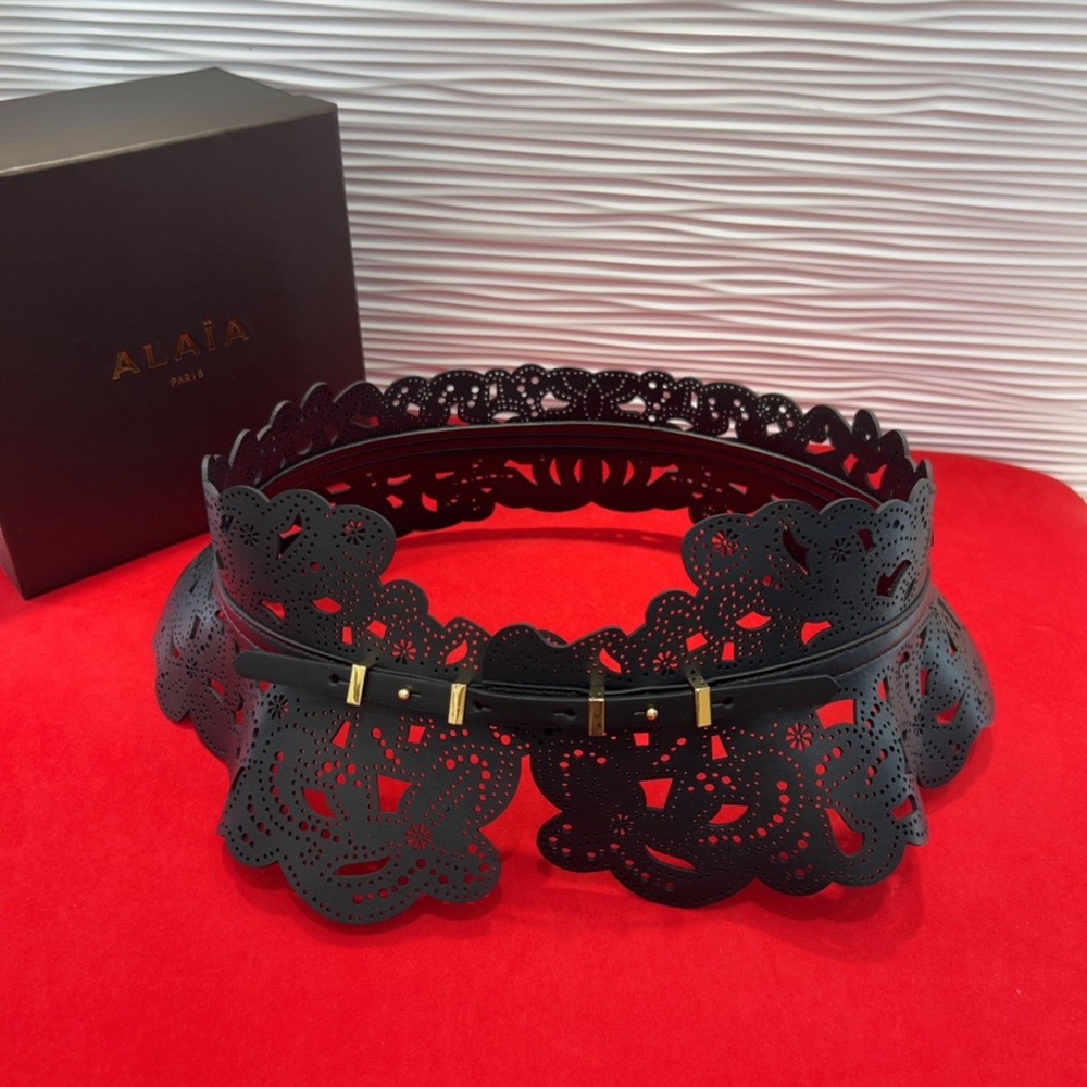 Alaïa Black Laser-Cut Floral Waist Belt with Gold Accents